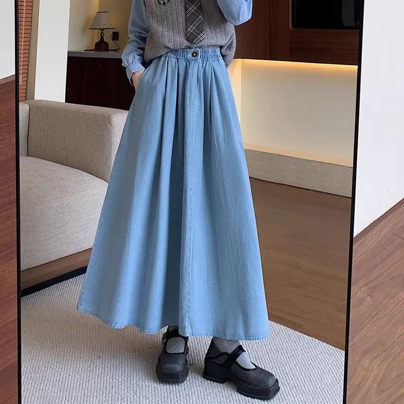 

Cowboy Midi Skirt For Women 2024 New Design Fashionable Versatile A-Line Umbrella Skirt Loose High Waist Long Jeans Saia K2617