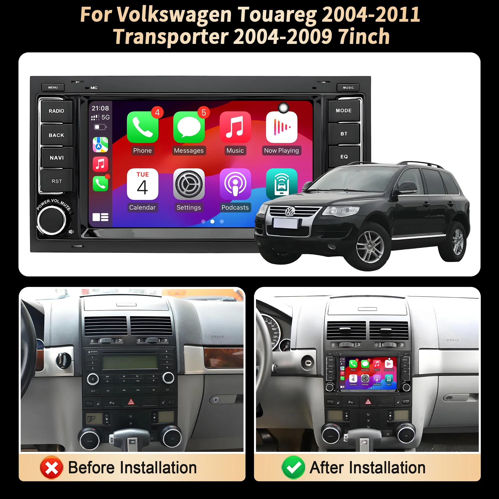 7 inch Car Radio For Volkswagen Touareg 2004-2011 Transporter 2004-2007 2008 2009 Wireless Bluetooth CarPlay Head Unit Screen