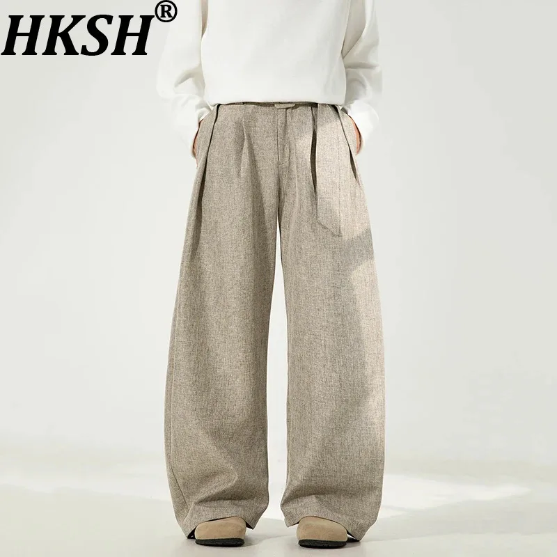 

HKSH Spring Autumn New Men Niche Design Sashes Pleated Suit-Pants Trend Casual Elegant Fashion Women Wide Leg Ins Bottom HK15336