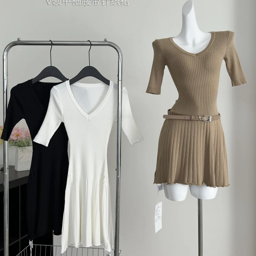 

Knitted Mini Dresses Half Sleeve Spring Summer A-line Vintage Women Pleated Knit Fashion Elegant Sexy Waistband Vestidos Mujer