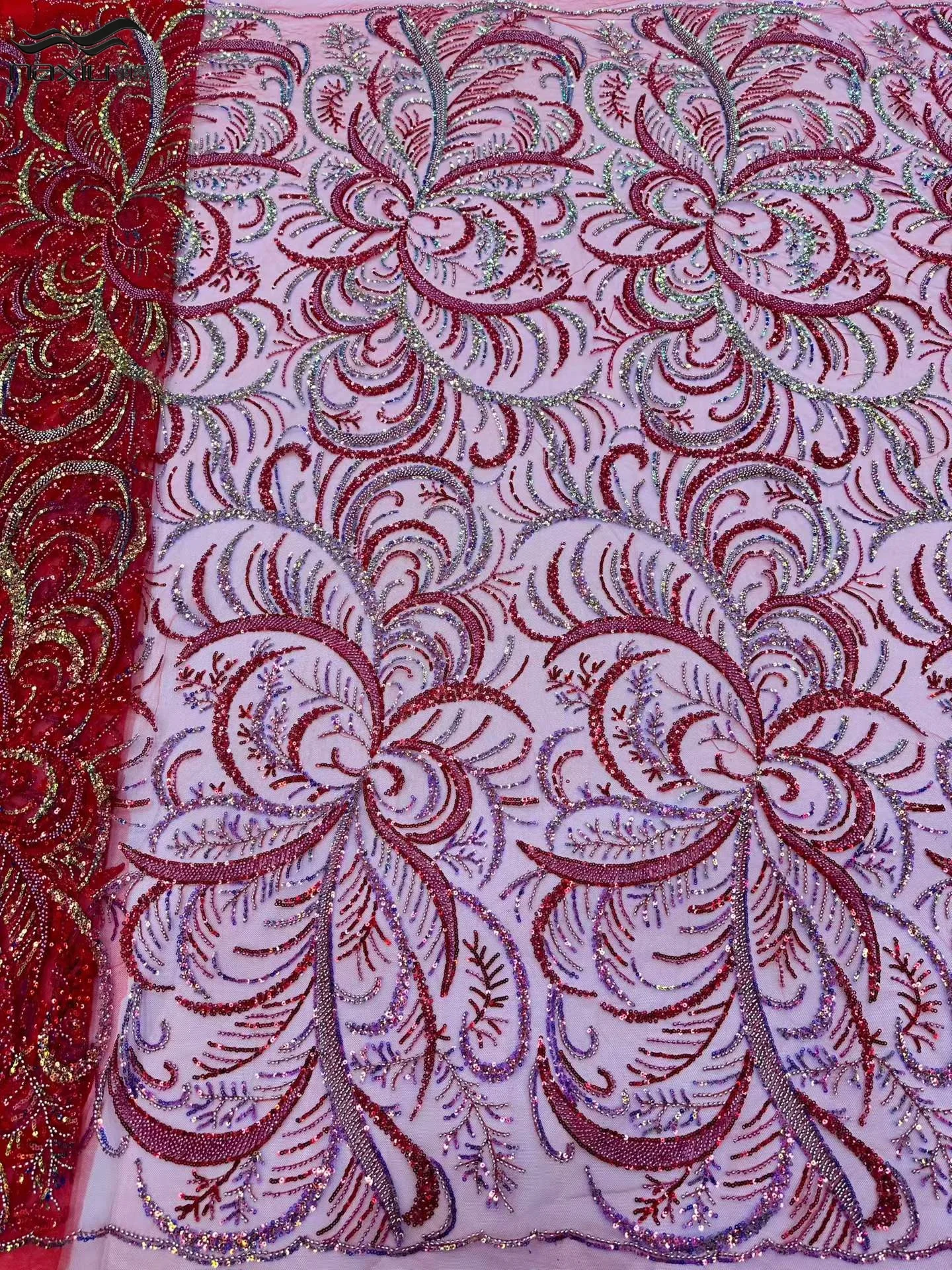 

Madison Luxury African Sequins Lace Fabric High Quality Nigerian French Groom Heavy Beaded for Sewing Wedding Party Dress 5 Y