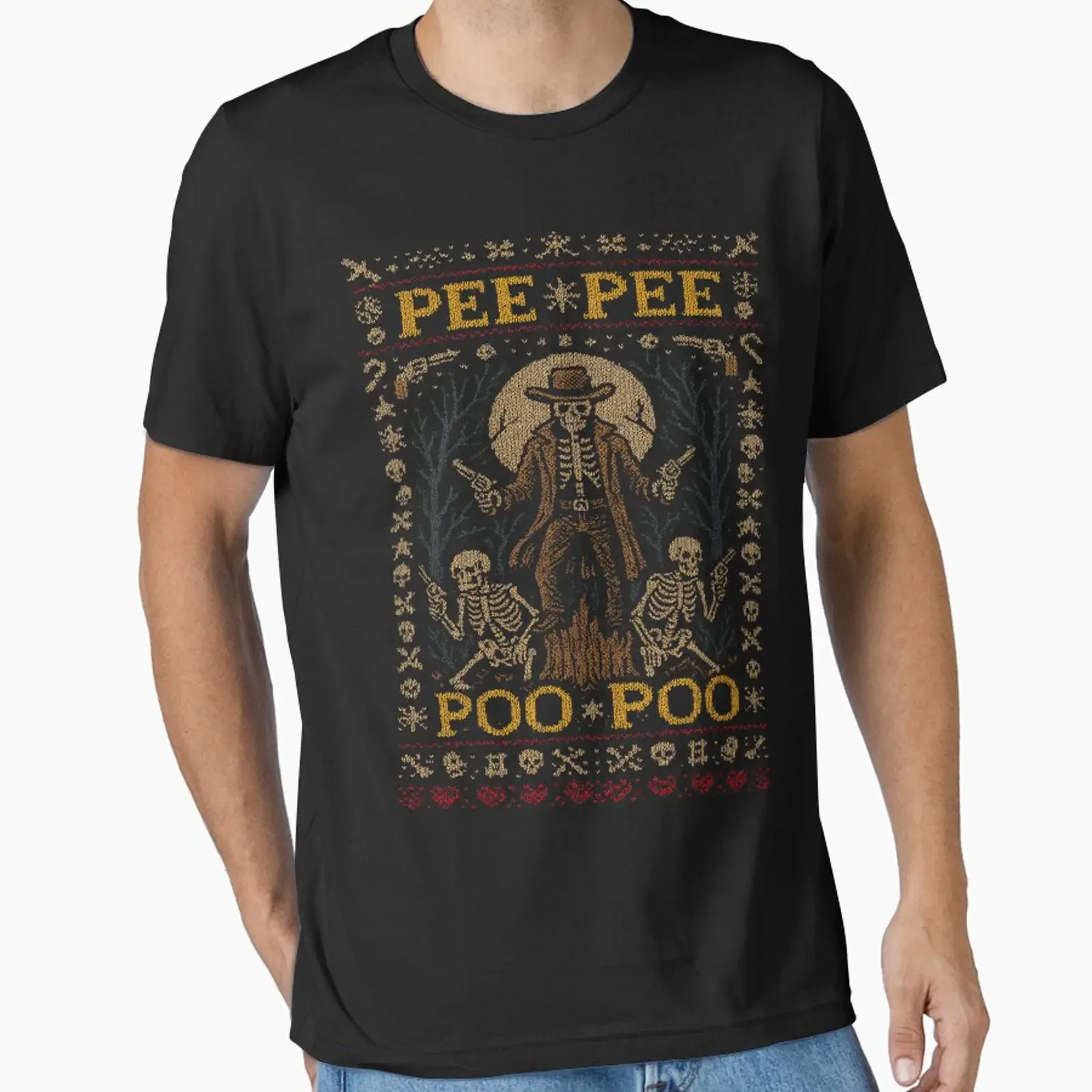 Pee Poo Ugly Christmas Style T Shirt Funny Cowboy Skeleton Cursed Meme Western Weirdcore  vintage Washed Casual homme Versatile