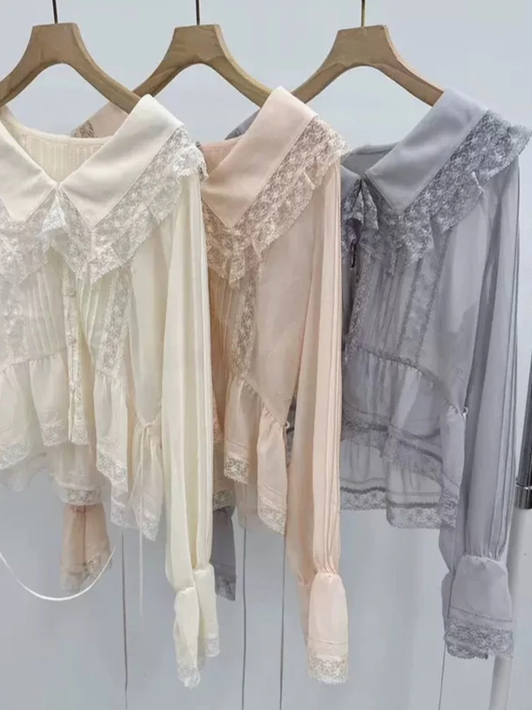

Pure Brand Sweet Style Long Sleeve Silk Chiffon Shirt with Lace Collar Doll Design Breathable Polyester Fiber Casual Wear