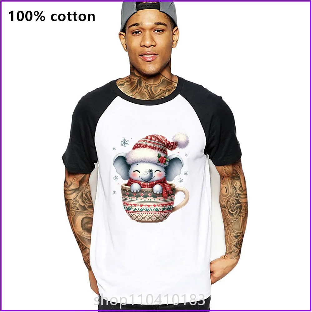 Christmas Merry Cute Cartoon Elephant In A Sweater And Hat With Coffee T Shirts For Men'S Women Tshirt T-Shirt Streetwear Gym Pl