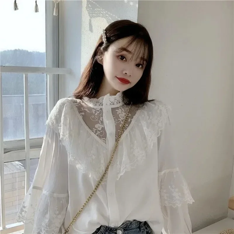 Spring Lace Loose Long Sleeve Elegant Korean Women Blouse Solid Color Casual Stand Collar Button Fashion Lady Clothes 11335
