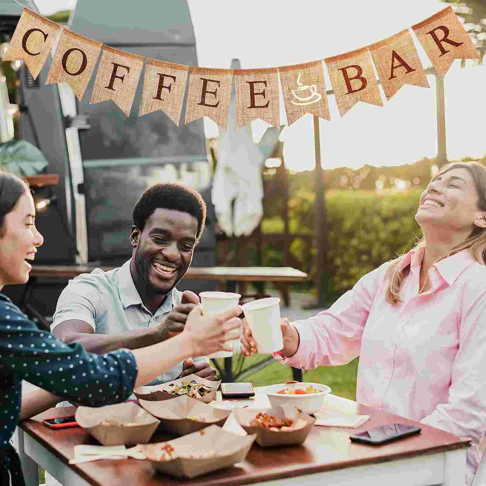 Photo Garland Coffee Bar Banner Swallowtail Rustic Banners Hanging Burlap Linen Gathering Party Decorative