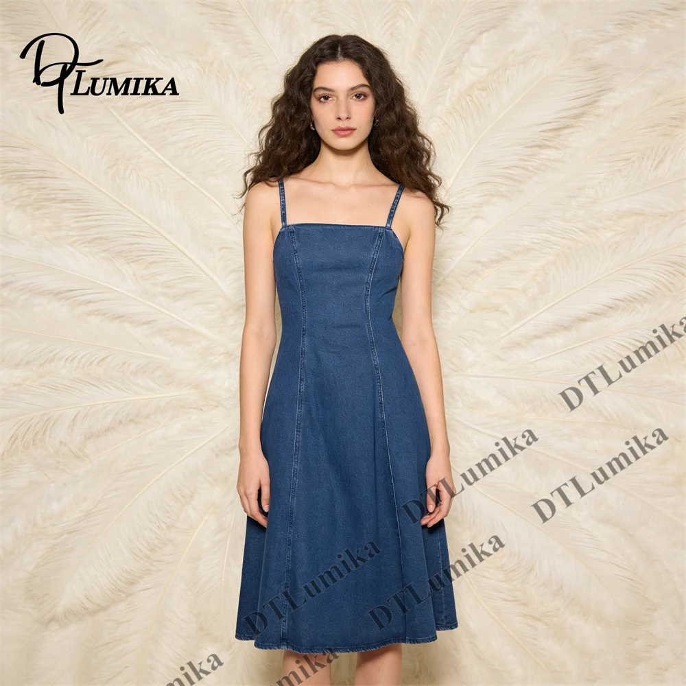 

Women’s Vintage Denim Midi Dress with Square Neck & Thin Straps, Slim Fit A-Line Dress for Casual Daily Summer Wear