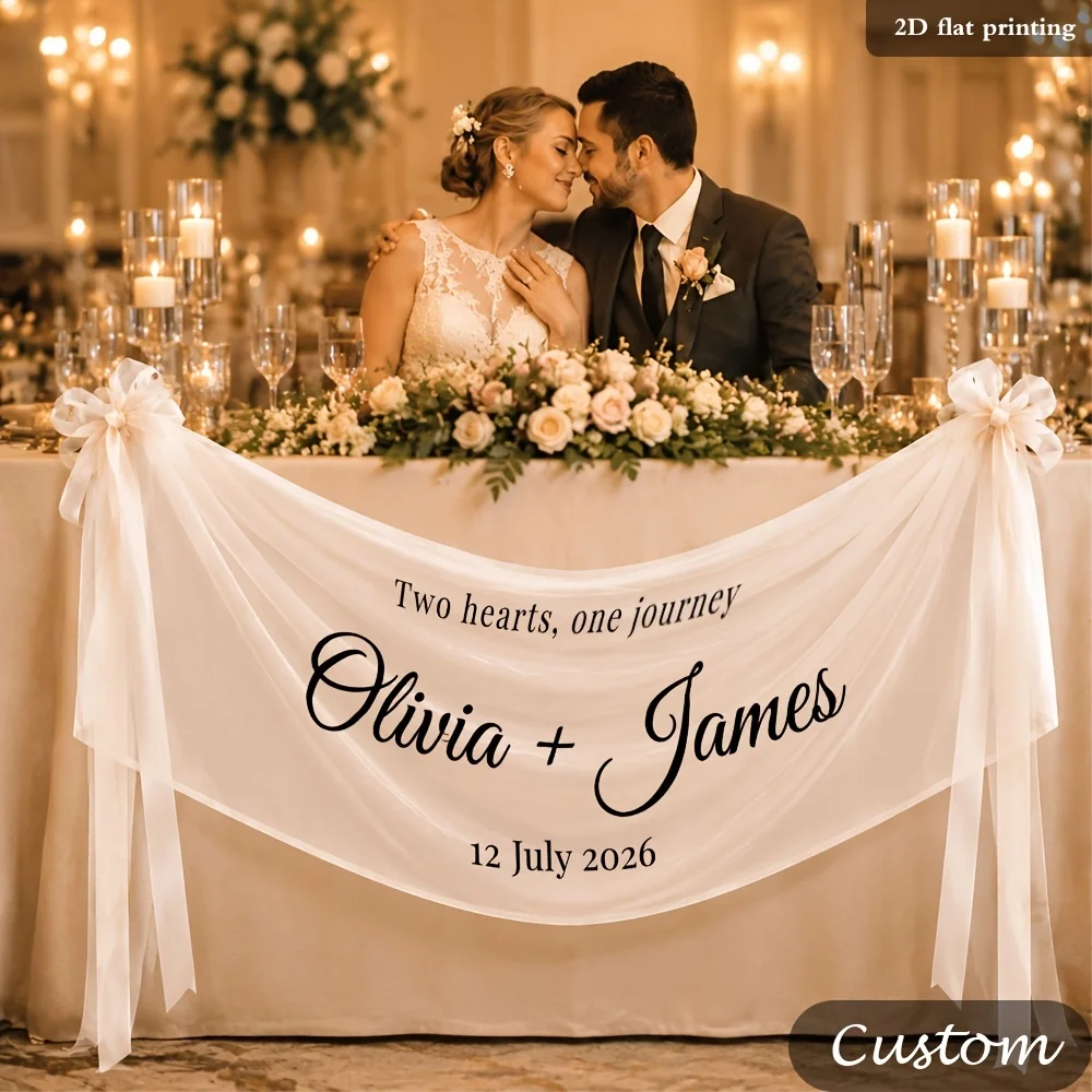 1Pc Custom Text/Name Sheer Tulle Transparent Banner, Includes 2pcs Ribbons,Suitable for Outdoor/Wedding Banquet Hall/Party Decor