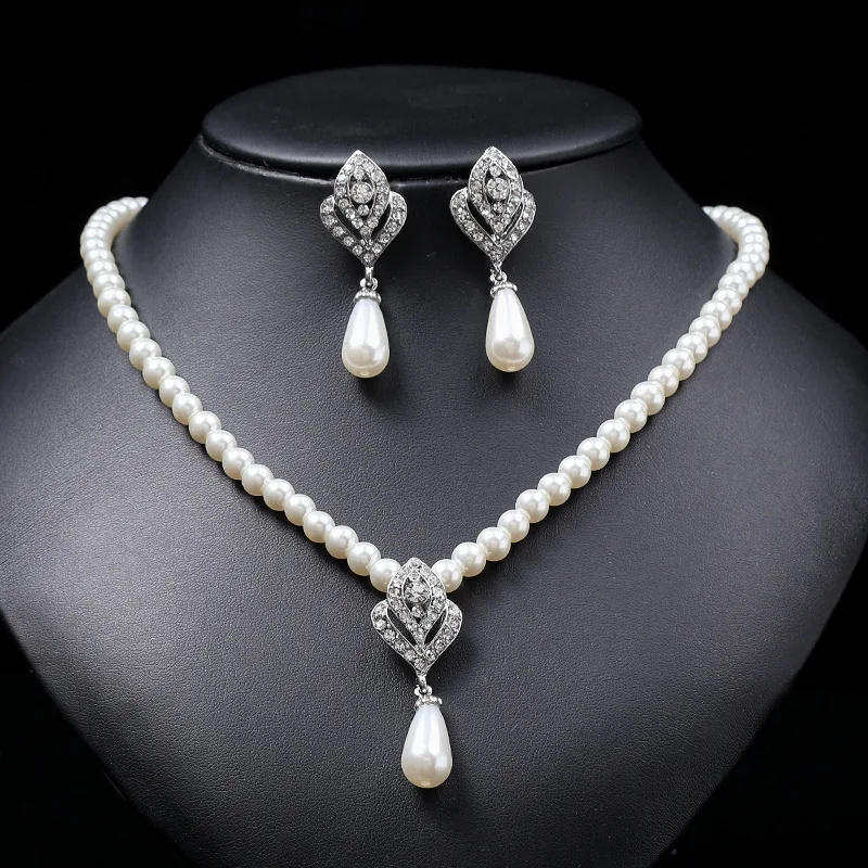 Crystal Fashion Imitation Pearl Wedding Necklace Earring Bridal For Women Elegant Rhinestone Jewelry Sets Party