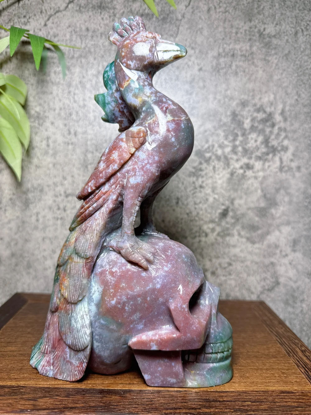 Natural Hand Carved Big Colourful Ocean Jasper Skull Phoenix Carvings Unique Stone Healing Crystal Reiki Home Scene Decoration