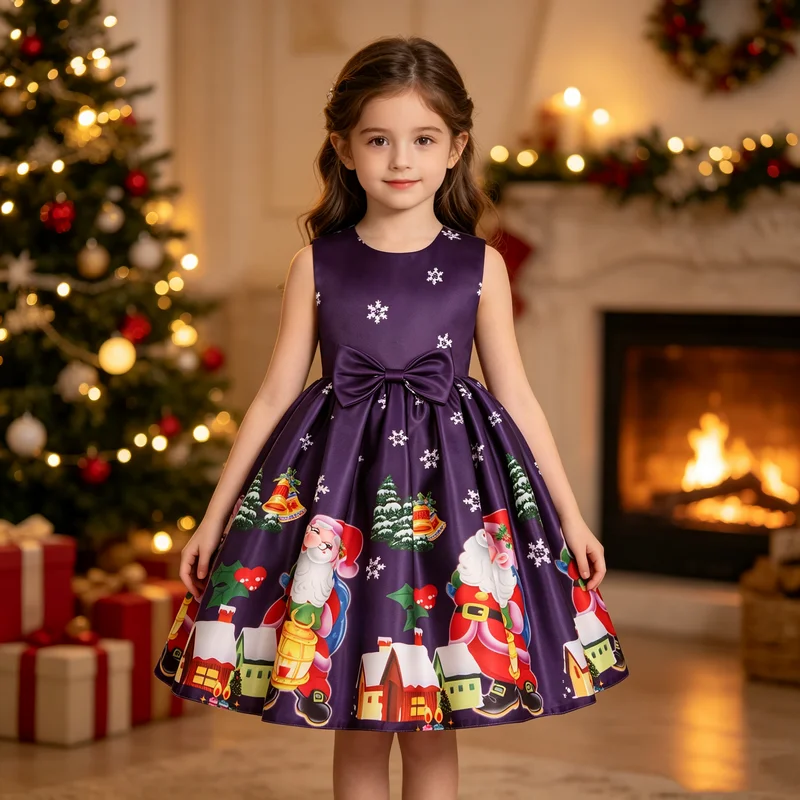 2026 New Girl Dress Santa Claus Snow Child Dress Cartoon Print Princess Dress Christmas Costume Ins
