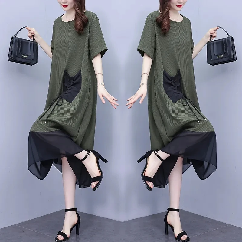 Dress Women's Summer New Fat Sister Loose Large Size Covered Belly Slim Vestidos Temperament Elegant Stitching Female Dresses