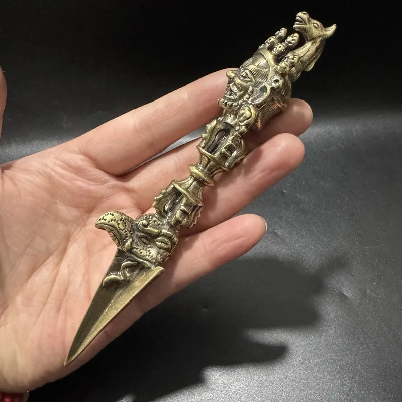 Gilt brass small ornament: Horse-headed Ming Wang Puhua Vajra, demon-subduing pestle, treasure-collecting bronze artifact