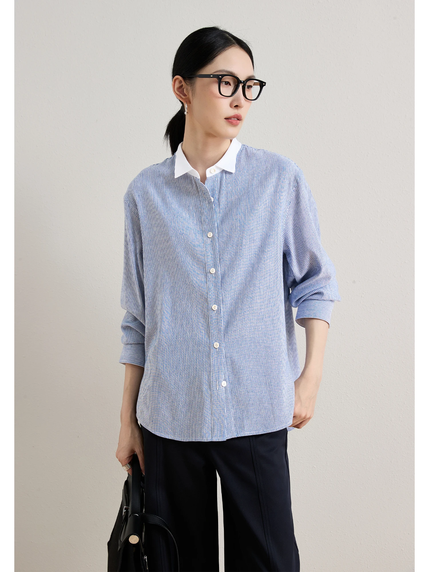 

ChangDX Low Profile Quali Linen Silk Blue Vertical Stripes irt Simple Sle Layered Top Women's Loose Fit Long Sve But...