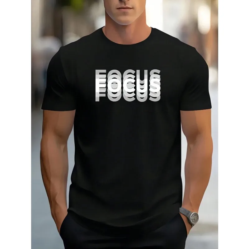 Men Summer FOCUS Letter Print Round Neck Short Sleeve Casual T-Shirt Summer New Fashion Cotton Couple Large Daily Loose T-shirt