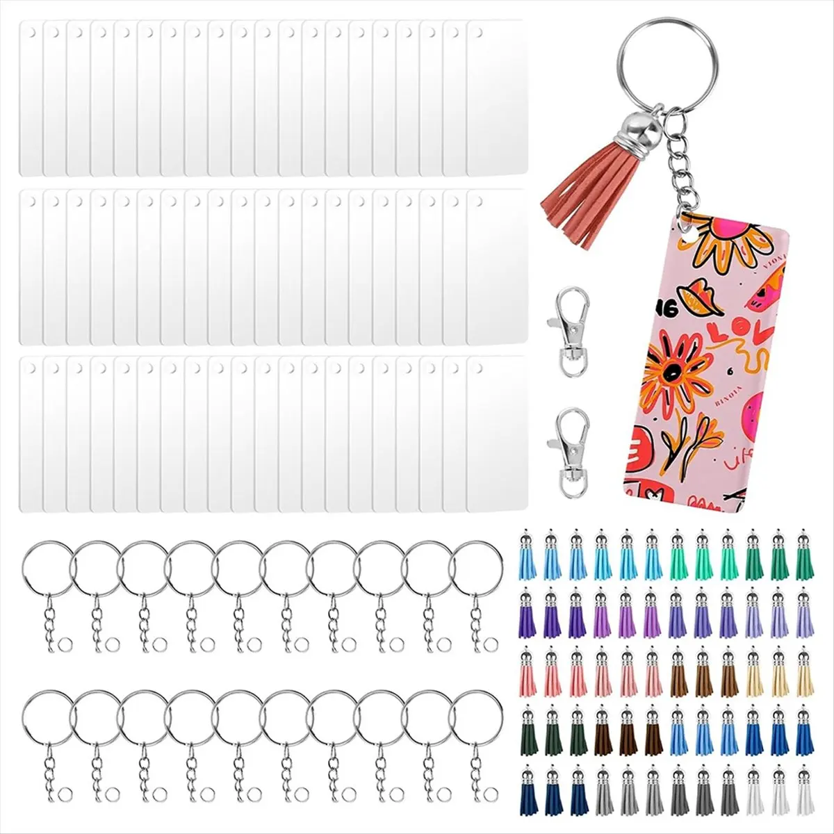 A77K 242 Pcs Sublimation Keychain Blanks Bulk, Double Sides 60 MDF Sublimation Keychains Blank with 60 Key Chains,Tassels