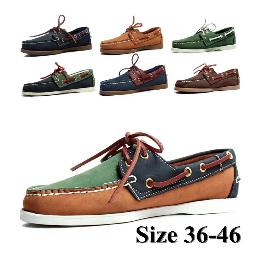 Men Genuine Leather Classic Homme Femme Boat Shoes,Plus Size Navy Blue Brown Black Flats Loafers Women Casual Board Shoes