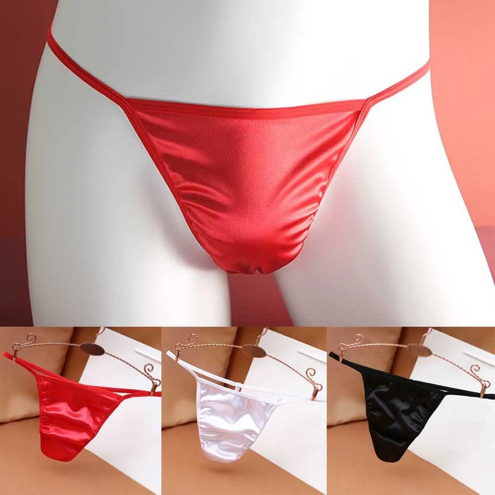 Men\'s Thongs Erotic Panties Sexy Bulge Pouch G-string Solid Low Waist T-Back Silk Satin Gay Jockstrap Erotic Lingerie Panties