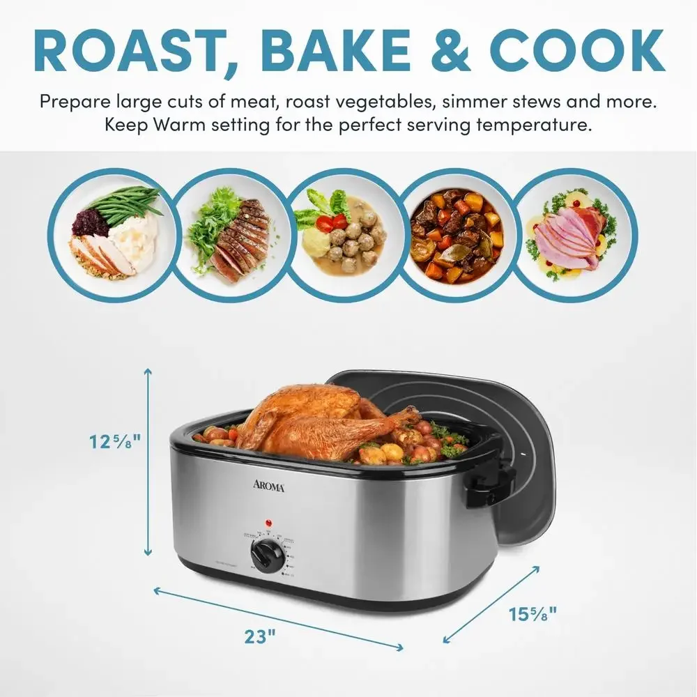 22Qt Roaster Oven Self Basting Lid Stainless Steel Extra Large Capacity Keep Warm Setting Adjustable Temperature Easy Clean