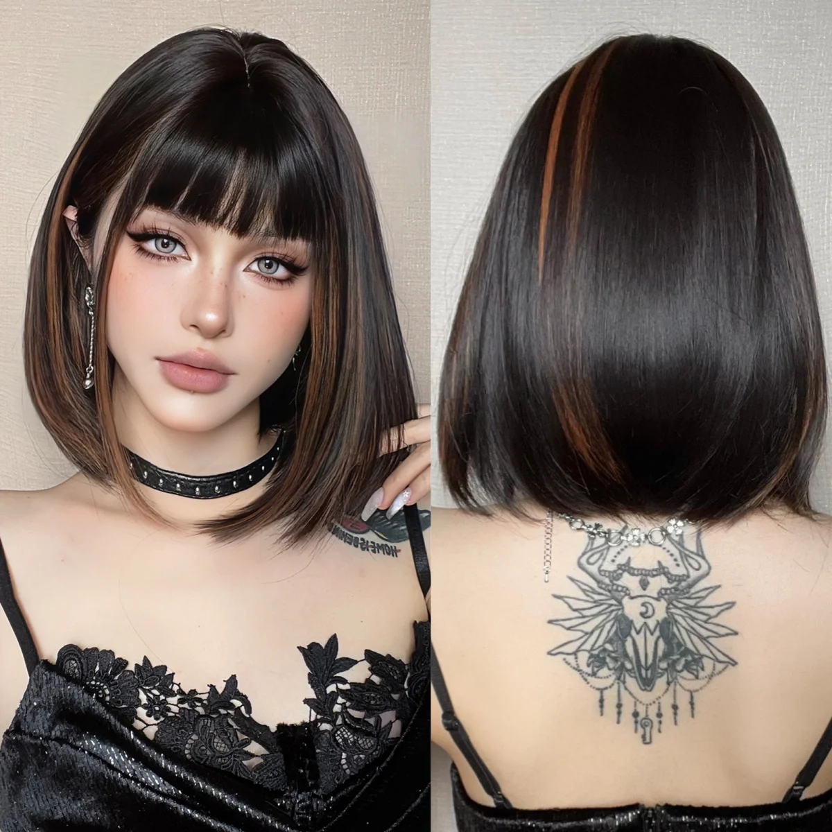 Short Bob Wigs for Women Black Brown Highlight Synthetic Wigs with Bangs Natural Looking Cosplay Party Fake Hairs Heat Resistant