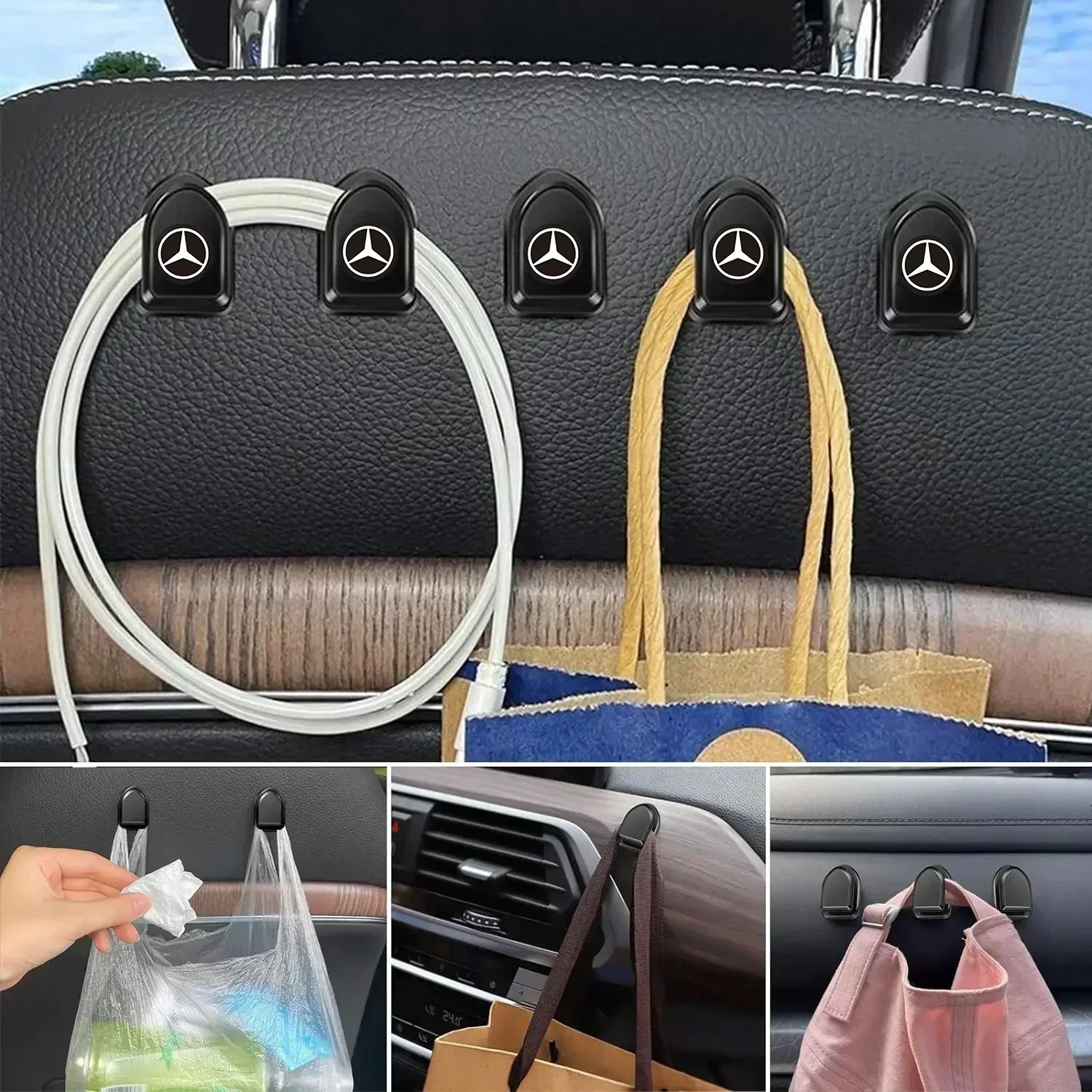 خطافات سيارة صغيرة من البلاستيك الأسود خطافات غير مرئية ذاتية اللصق لسيارة Mercedes Benz C43 C63 C55 AMG C180 C200 C220 C300 C320 C350 W205