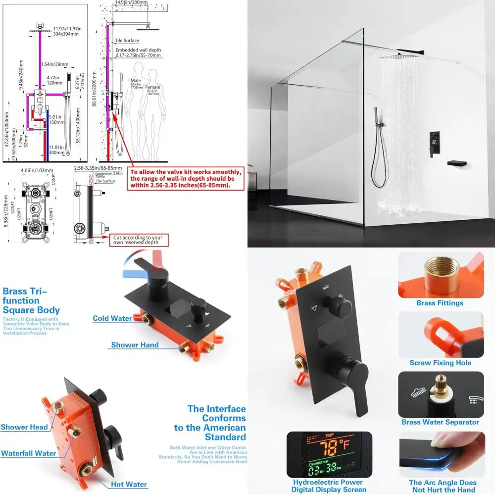 

12-Inch Black Wall-Mounted Tub and Shower Faucet Combo with Handle Set, Includes Rough-In and Trim