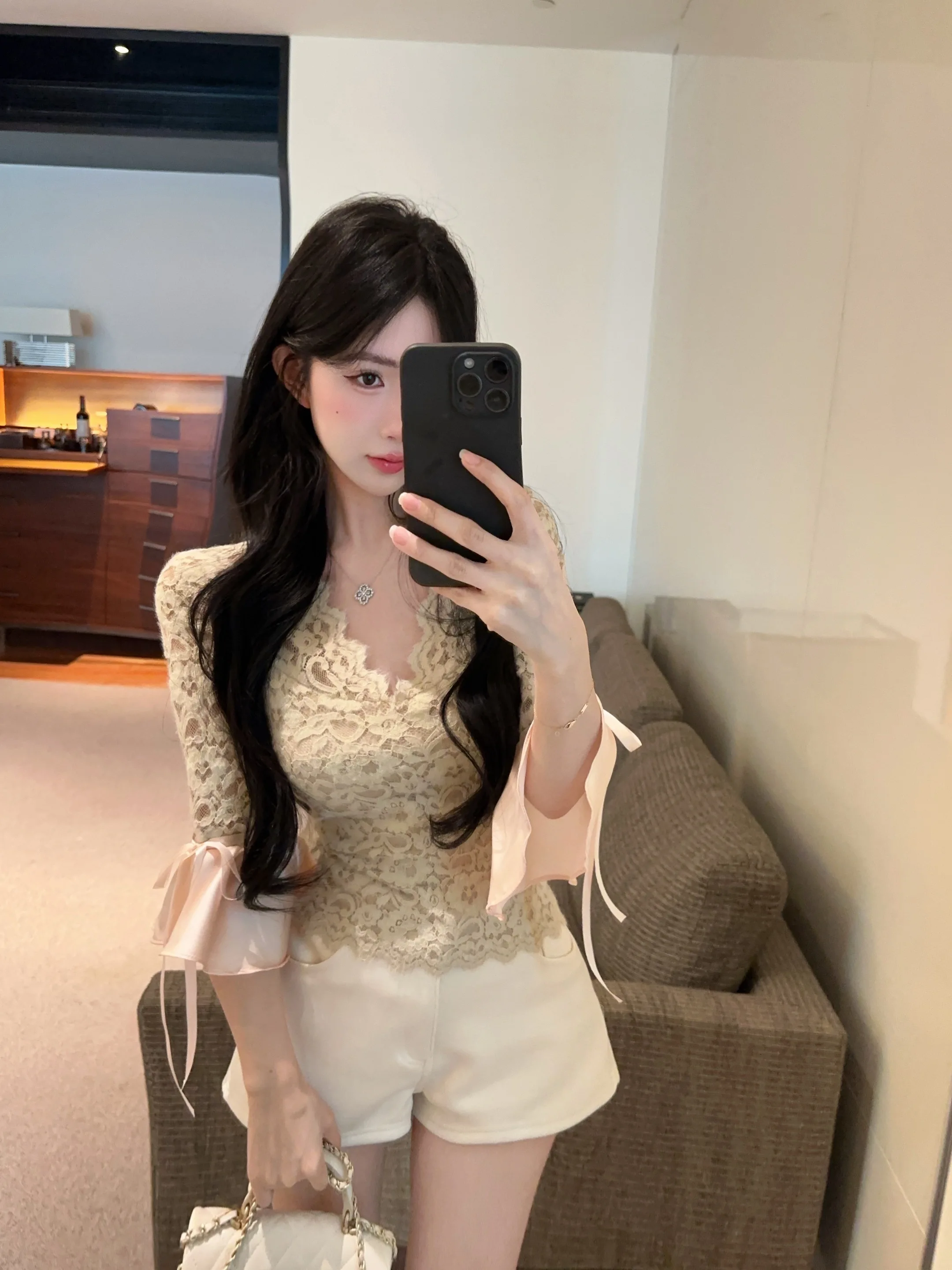 Korean Fashion Women Lace Shirt Flare Sleeve Crochet Blouse Spring Summer Sweet V Neck Slim Lady Tops