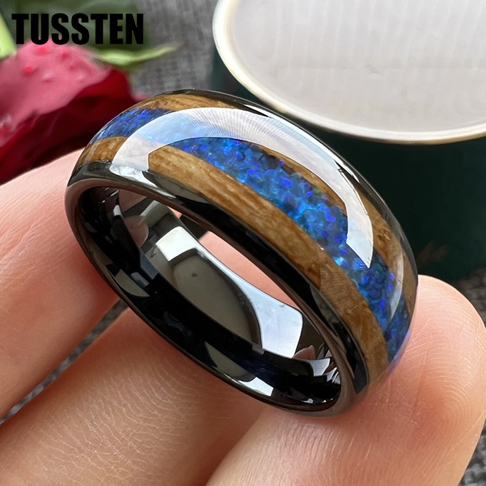 

TUSSTEN 8mm Whisky Wood Blue Green Opal Inlay Gold Tungsten Ring for Men Women Fashion Engagement Wedding Band Comfortable Fit