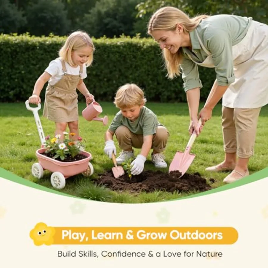 Gardening Set with Wheelbarrow, 11-Piece Outdoor Yard, Beach, STEM Garden Play Kit with Child-Sized Tools, Durable, Safe and Fu