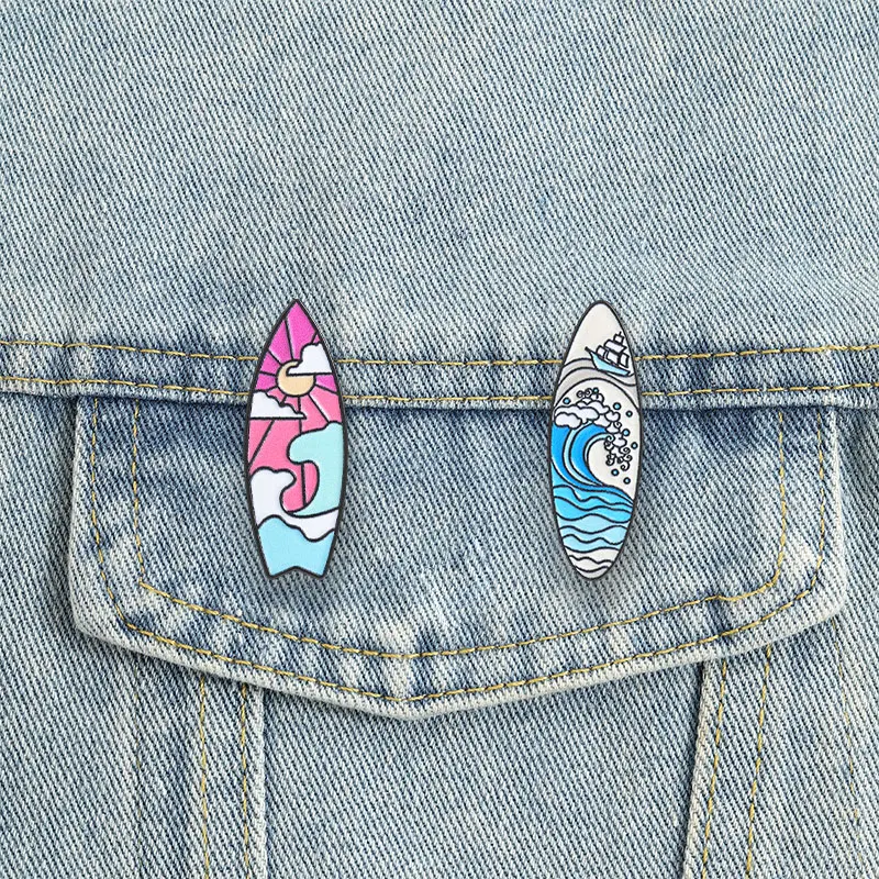 Surfboard Enamel Pins Ocean Wave Sunset Brooches Coastal Lapel Badge Beach Vibes Jewelry Gift for Fans Readers