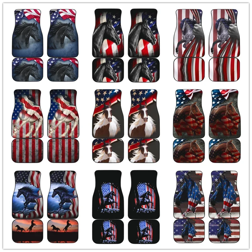 

American Flag Wild Amazing Horse All Protective Car Floor Mats Heavy Carpet Front and Rear Full Set 4PCs Pack for Car SUV