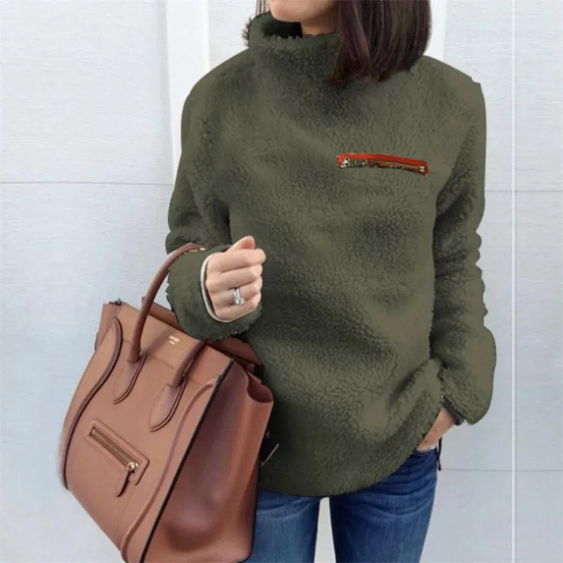 Women's Clothing Autumn Winter Pullover Tops Fashion Hot Sale New Fleece Solid Pullover Fashion Zipper High Neck Base Layer Top