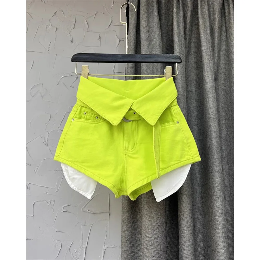 

Fashionable design with flipped edges High waisted wide leg A-line shorts Fluorescent Spicy Girl Open Pocket Denim Hot Pants