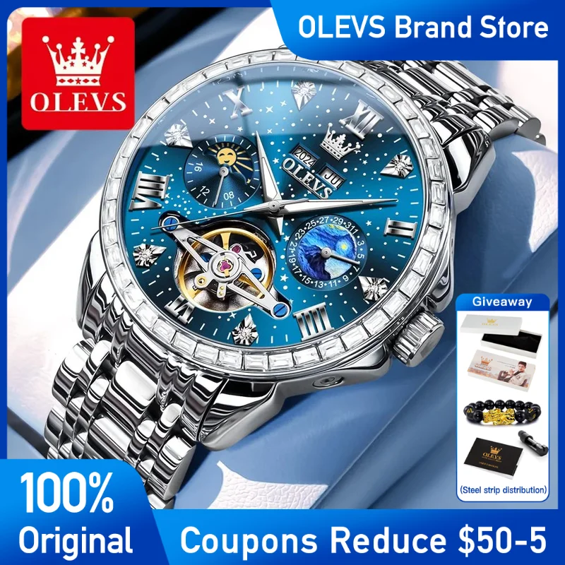 

OLEVS Mens Watch Top Brand Automatic Mechanical Watch Moon Phase Waterproof Watch For Men Starry Dial Stainless steel Reloj