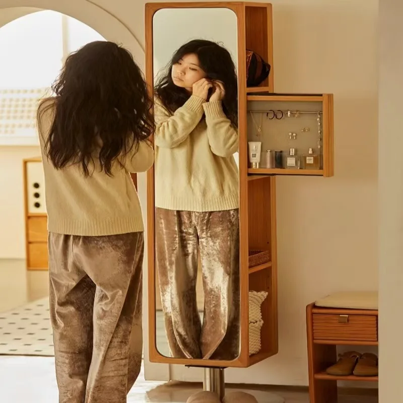 Rotating full-length mirror cabinet, Japanese-style cherry wood full-length mirror floor-to-ceiling magazine
