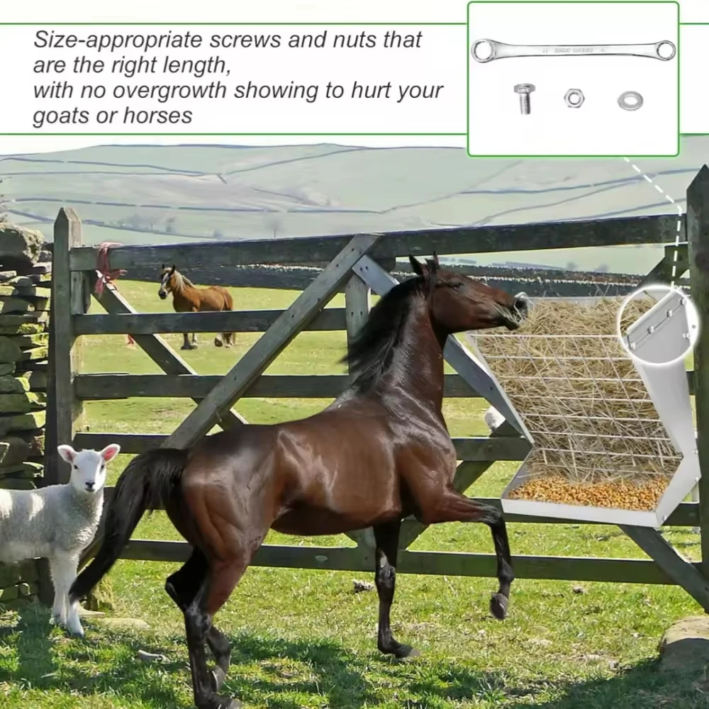 رف القش 2 في 1 مثبت على الحائط، وحدة تغذية فولاذية مجلفنة شديدة التحمل للماعز/الخيول #5