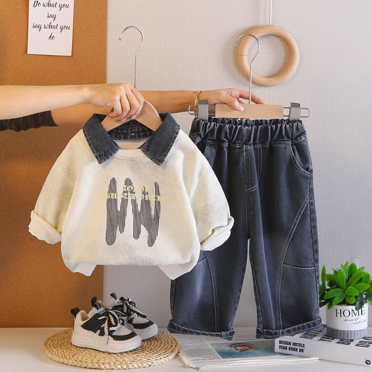 Kids Clothes Toddler Boys Spring Autumn Alphabet Denim Neck Long Sleeve POLO Shirt Sweater and Jeans 2 Piece Set Children's Suit