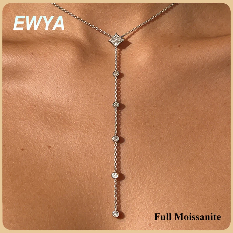 

EWYA Y-Style 1CT Princess Cut Certified Moissanite Pendant Necklace Women s925 Silver All Diamond Dainty Tassel Neck Chain Gift