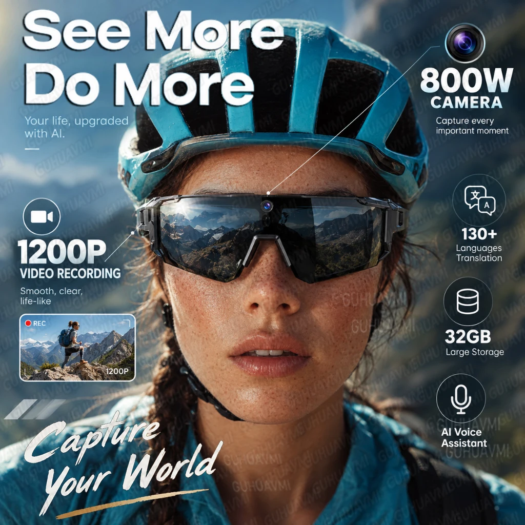 2026 Top1 AI Smart Shooting&Recording Glasses with 800W Camera HD Anti-shake Bicycle Riding Sport Artifact Windproof Goggles Men