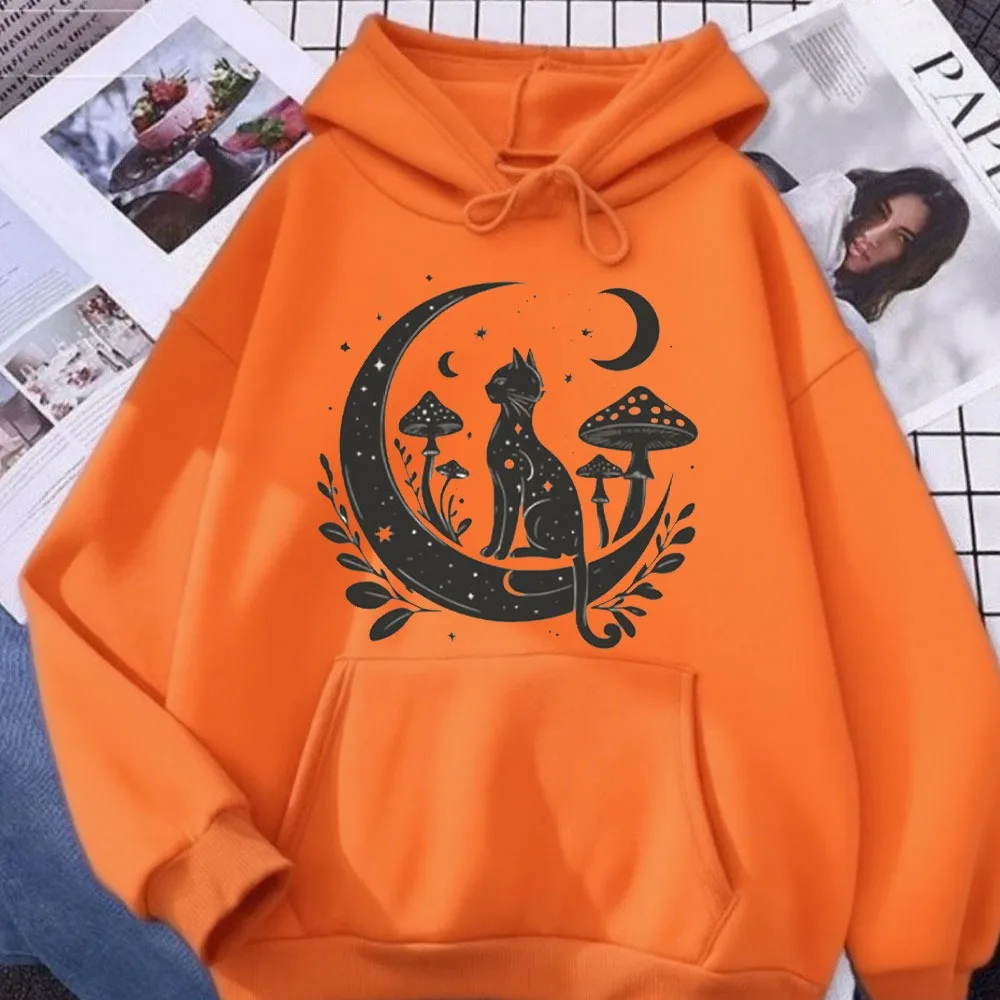 Gato celestial moletom feminino crewneck moletom lua hoodie roupas de yoga pulôver espiritual witchy com capuz presentes para ela