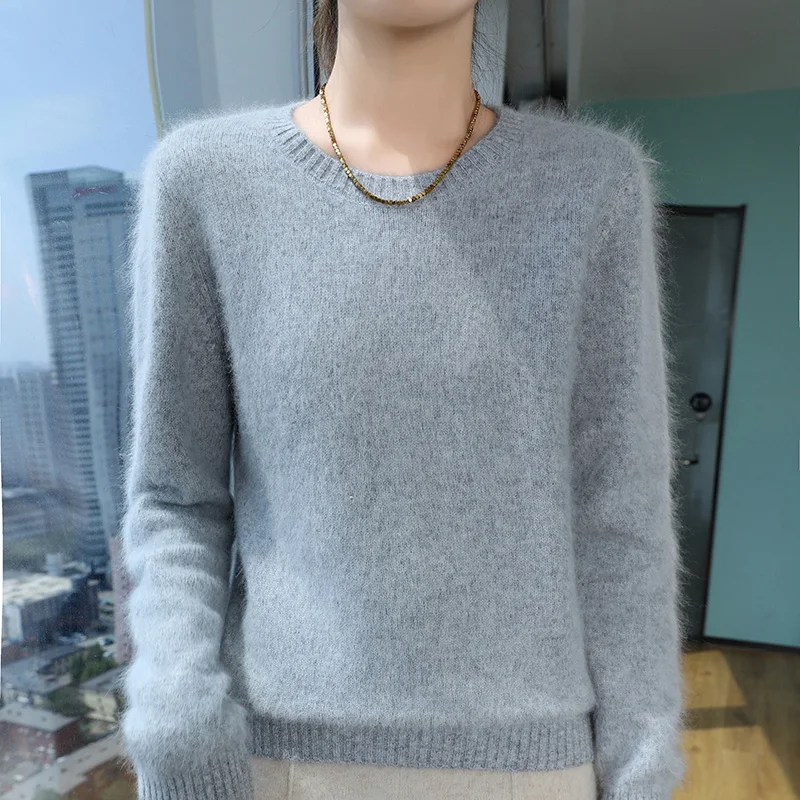 First-line ready-to-wear mink cashmere sweater women loose large size sweater solid color low o-neck knit thick jumper warm base