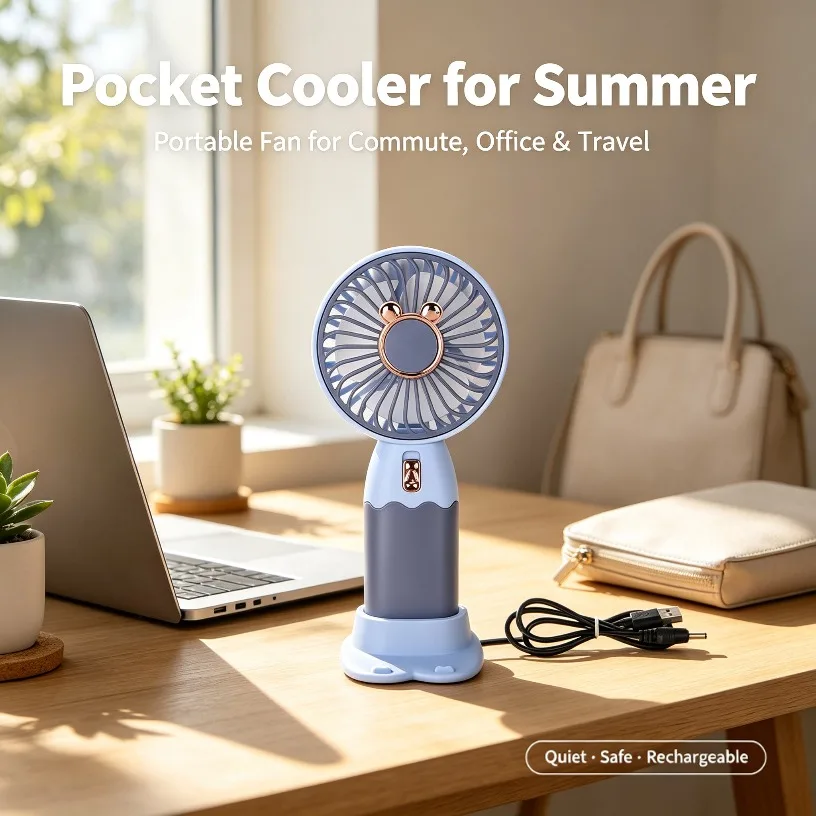 Portable Hand Fan Mini USB Rechargeable With Desktop Base Quiet One Speed Gentle Breeze for Makeup Office Commute Summer