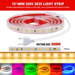 2835 LED 스트립 조명 EU 전원 키트, 120LED/m AC 220 V 볼트, 고휘도 조명, 유연한 LED 테이프, 다이오드 램프, 방수, 220 V