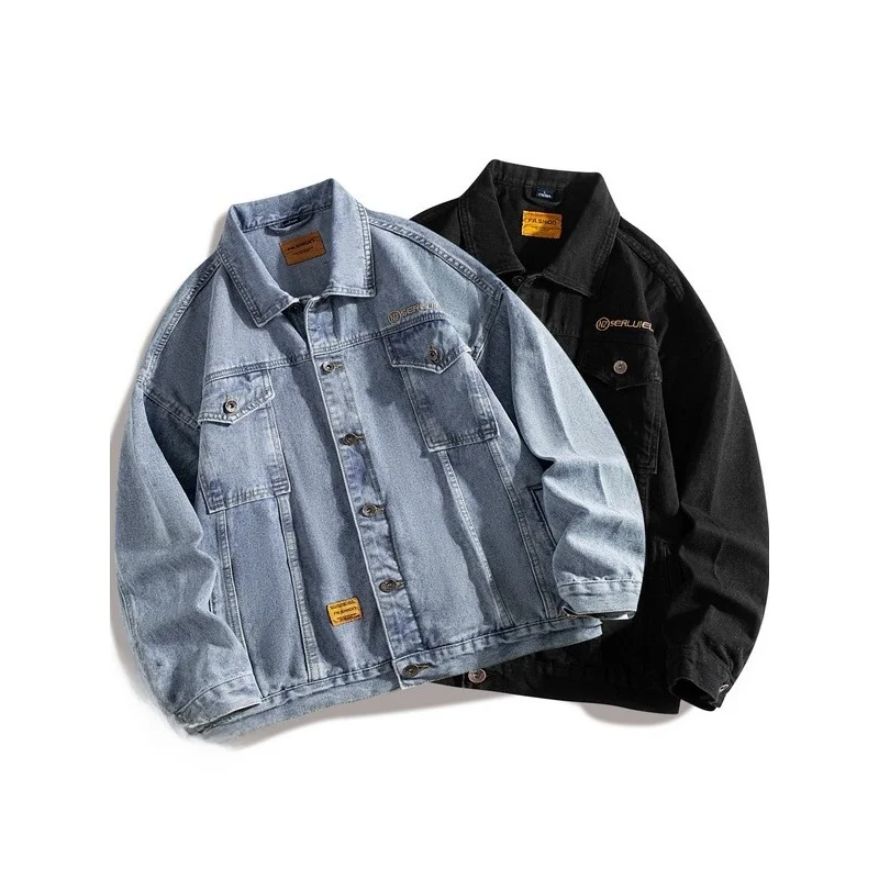 

Мужская джинсовая куртка свободного кроя для весны и осени, европейский размер, американский стиль, повседневная рабочая одежда с карманами, вышивка, хлопок