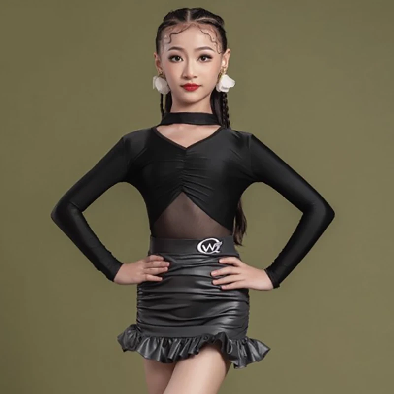 Dziecięcy strój do tańca latynoamerykańskiego dla dziewczynek, body z długim rękawem i spódniczka z zakładkami, standardy, profesjonalny strój do występów i egzaminów dla dzieci.