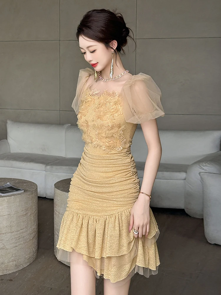 French Quality Birthday Party Dress Women Chic Sheer Mesh Bright Silk Folds Wrap Hip Ruffles Fishtail Gown Femme Prom Vestidos