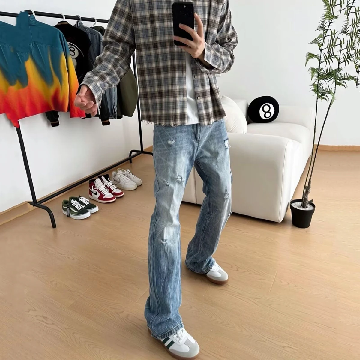 

Мужские джинсы-клеш в американском ретро-стиле, синие, с бахромой, рваные, 57 Blue Cleanfit, повседневные, свободного кроя, Bell Bot