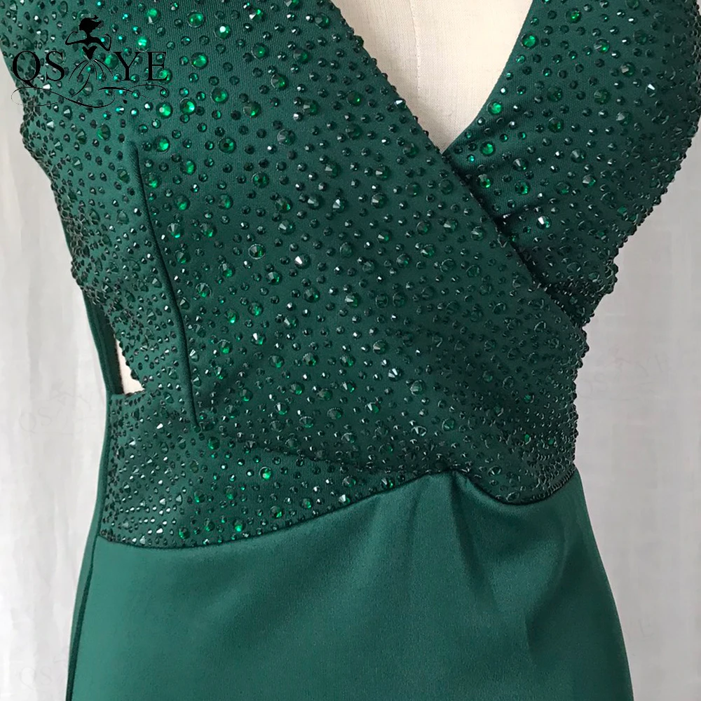 Robe de soirée de forme sirène en Satin vert, tenue de soirée extensible, émeraude, taille croisé, col en V, Sexy, fendue, paillettes, ajustée