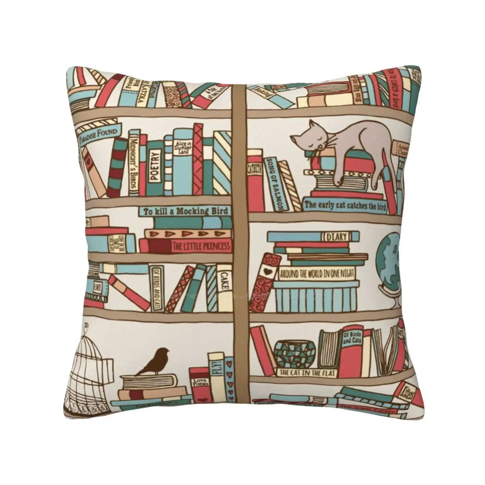 Bookshelf No.2 Pillow Cover Hug Pillowcase Cat Sleeping Bookshelf Hand Drawn Pattern Reading Writer Novel Literature Library