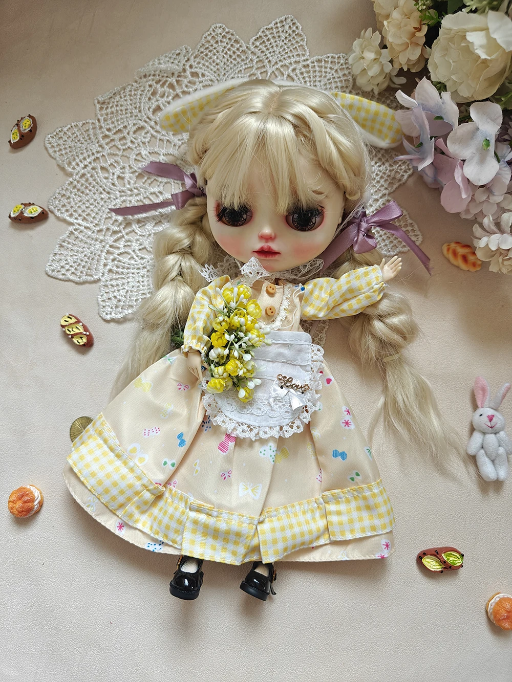 

Blythe doll Clothes Vintage Lace Set Rabbit hat light yellow Cute Blythe Clothes for Ymy Licca Azones Ob22 24 27 YMY